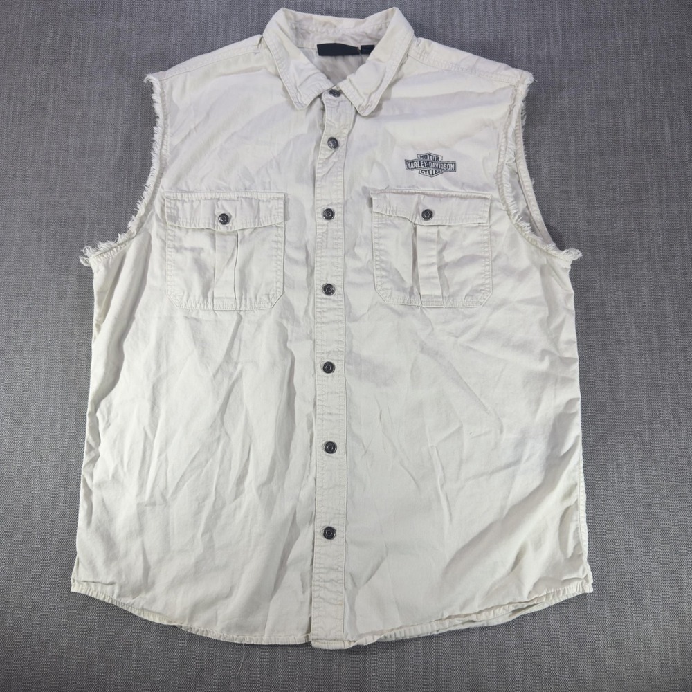 Harley-Davidson Shirt Mens XL White Sleeveless Cutoff Button Up Flag Graphic